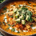 Bowl of creamy White Chicken Chili topped with cilantro and avocado