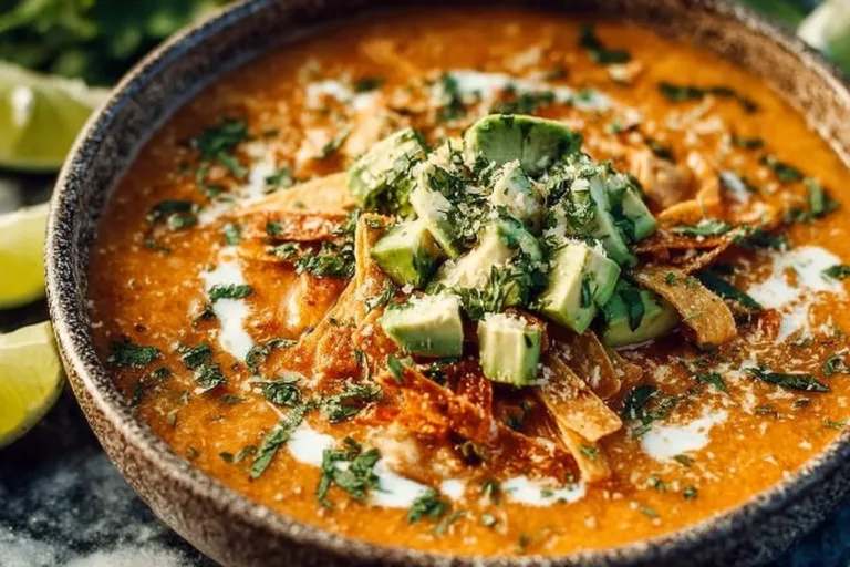 Bowl of creamy White Chicken Chili topped with cilantro and avocado