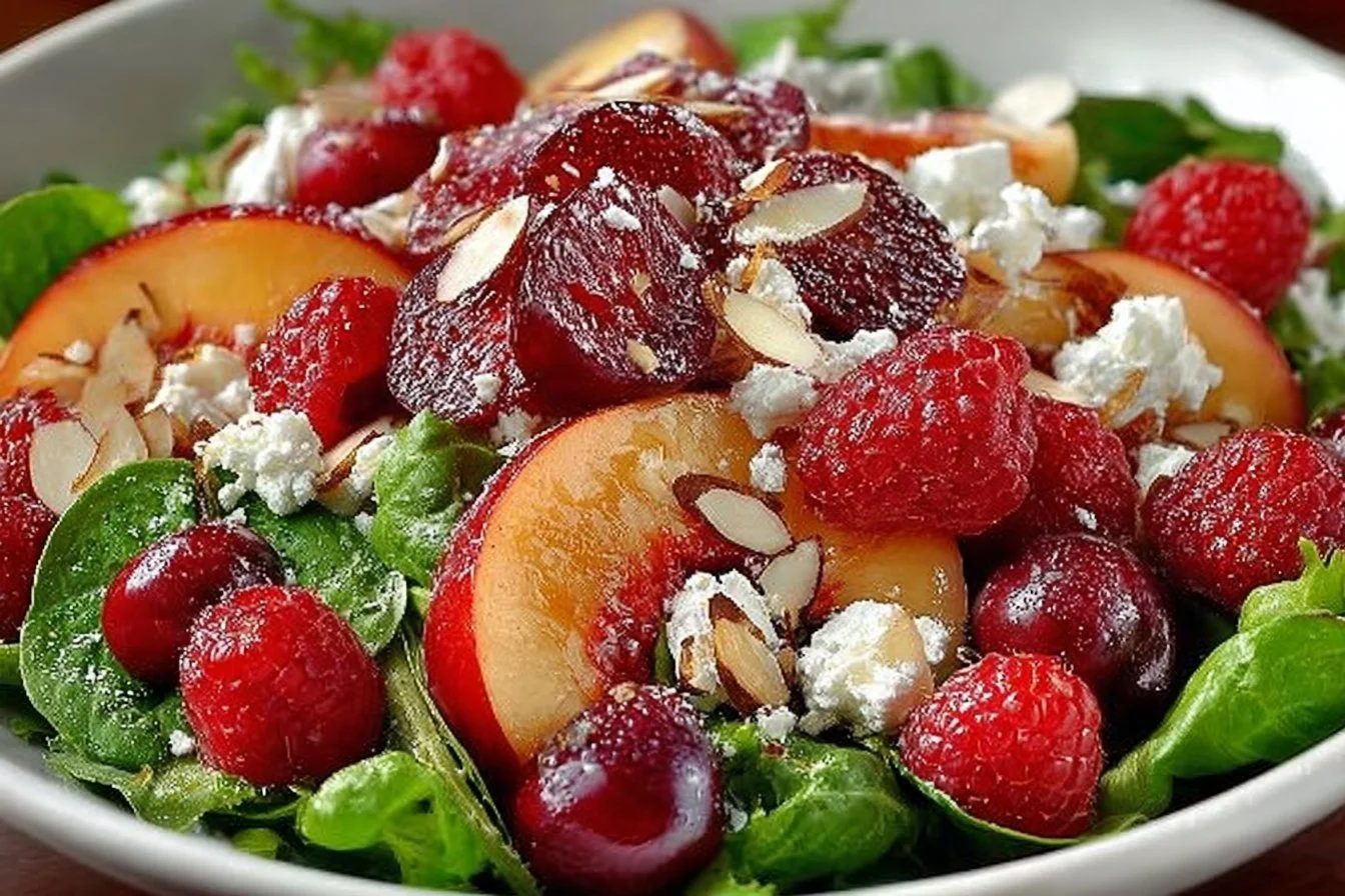 White peach raspberry almond salad with fresh ingredients and nuts.