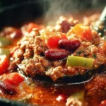 A bowl of the world's best chili topped with cheese and herbs.