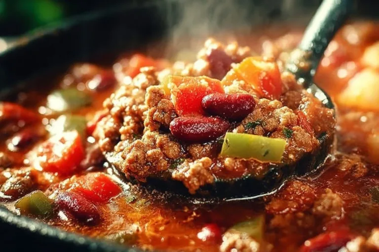 A bowl of the world's best chili topped with cheese and herbs.