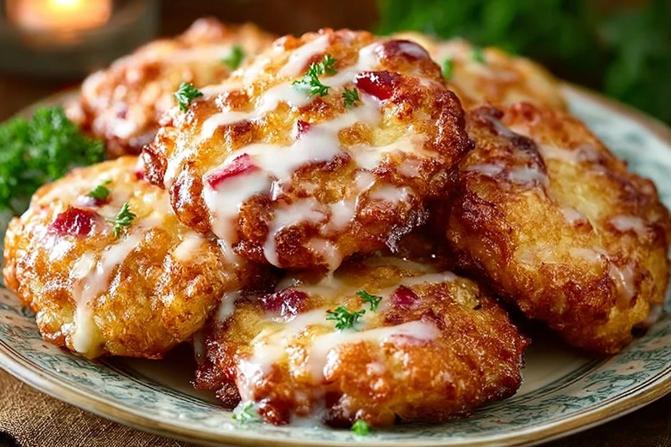 Baked rhubarb fritters served on a plate, showcasing their golden-brown color.