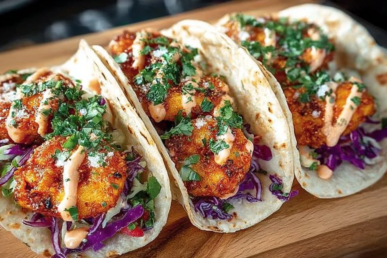 Delicious Bang Bang Shrimp Tacos with crispy shrimp and zesty toppings