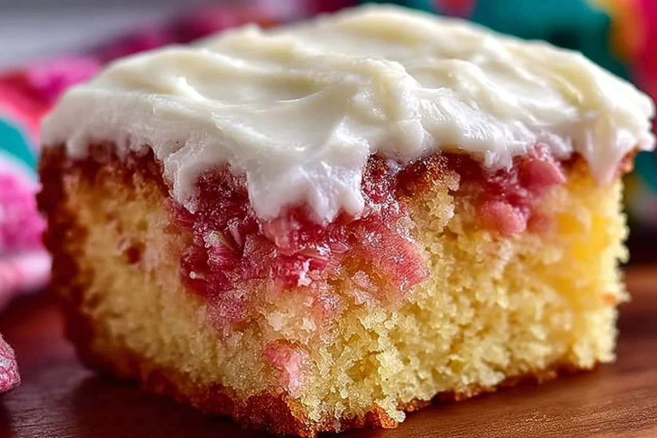 Delicious rhubarb cake made with cake mix, showcasing vibrant rhubarb pieces.
