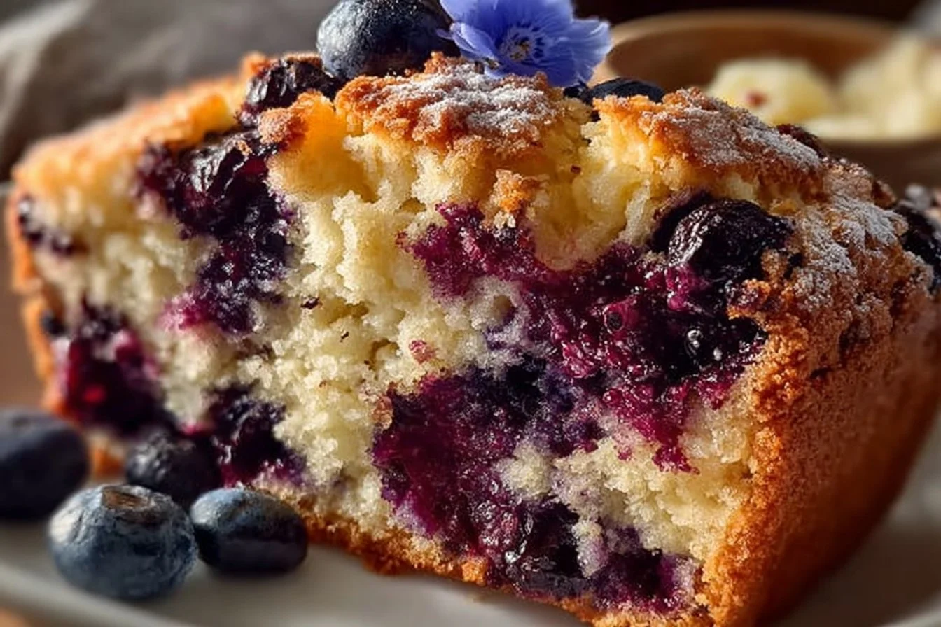 Sliced Blueberry Lemon Loaf with blueberries and lemon zest on a wooden table