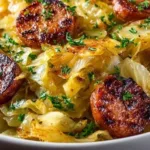 Delicious Cabbage and Sausage Skillet served on a plate with fresh herbs