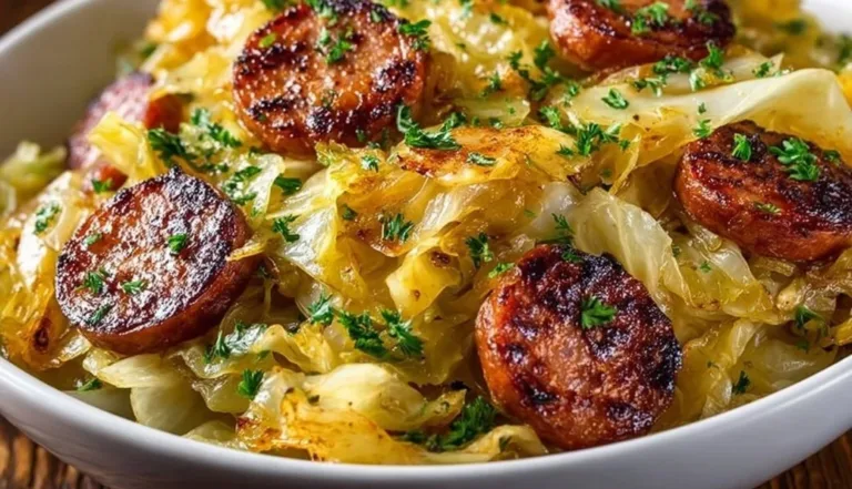 Delicious Cabbage and Sausage Skillet served on a plate with fresh herbs