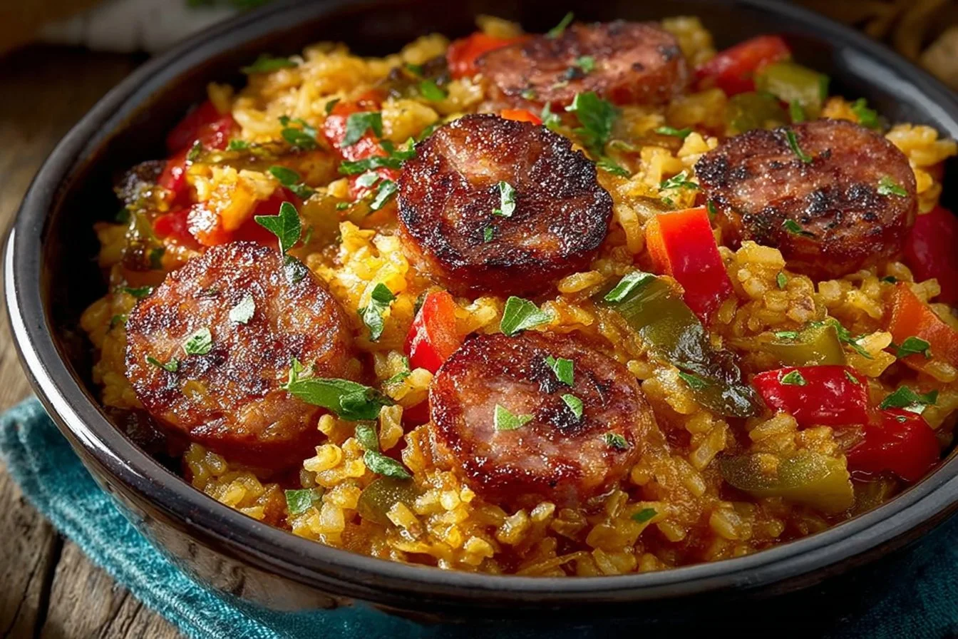 Cajun Dirty Rice with Smoked Sausage served in a bowl