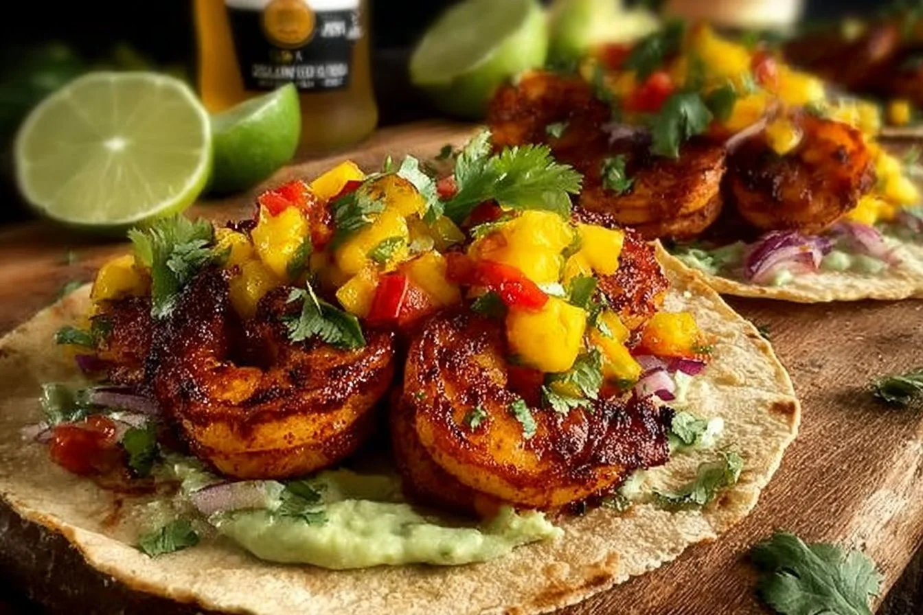 Chipotle shrimp tacos garnished with avocado crema on a plate.