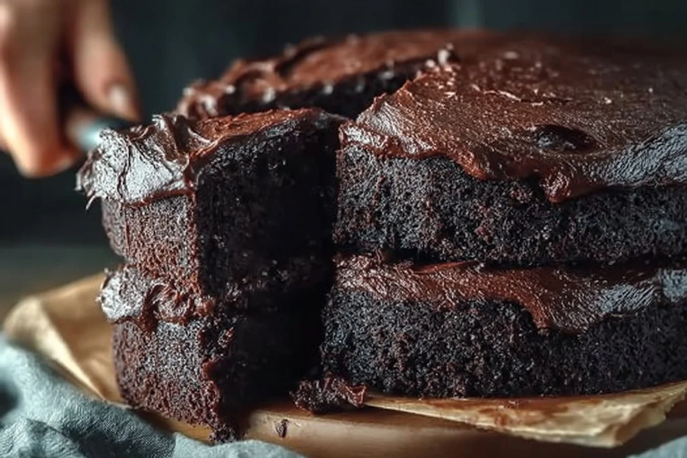 Decadent chocolate cake topped with rich chocolate frosting