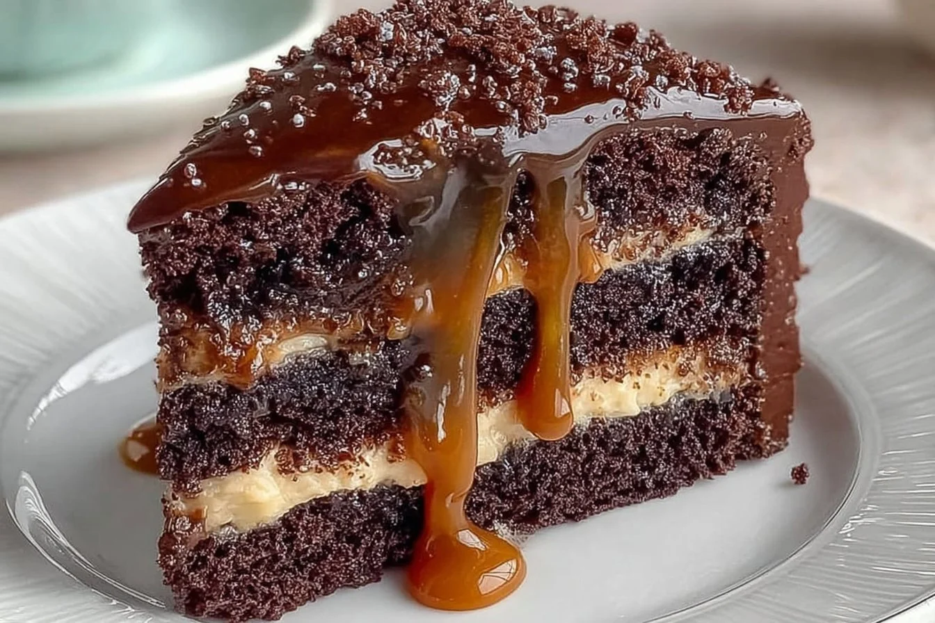 Delicious Chocolate Fudge Cake topped with chocolate ganache and sprinkles
