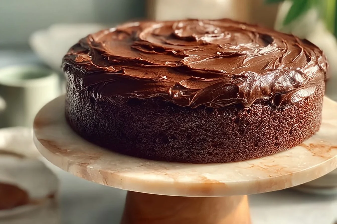 Delicious homemade Chocolate Fudge Cake decorated with chocolate ganache