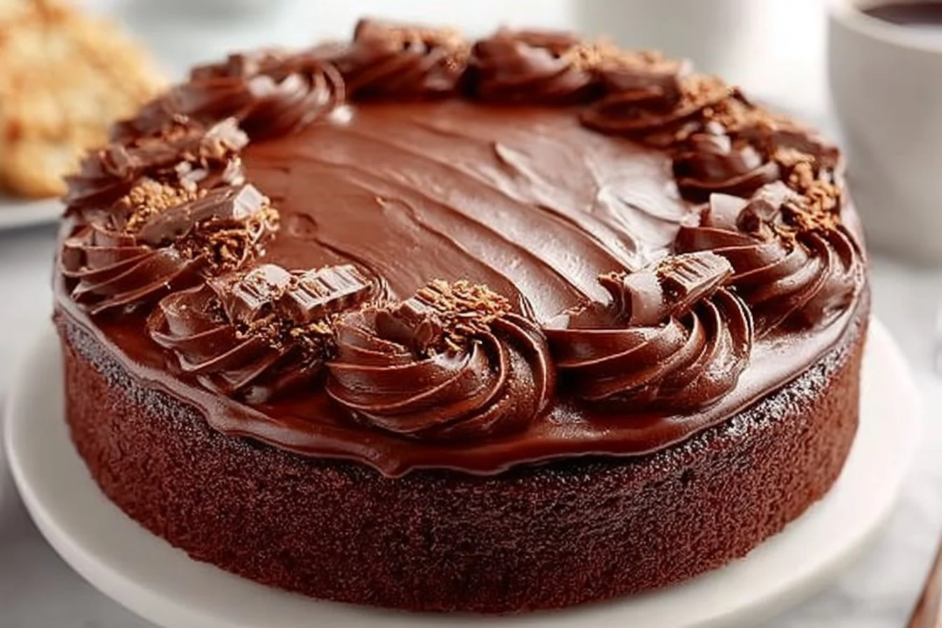 Slice of moist Chocolate Peanut Butter Cake topped with creamy frosting.