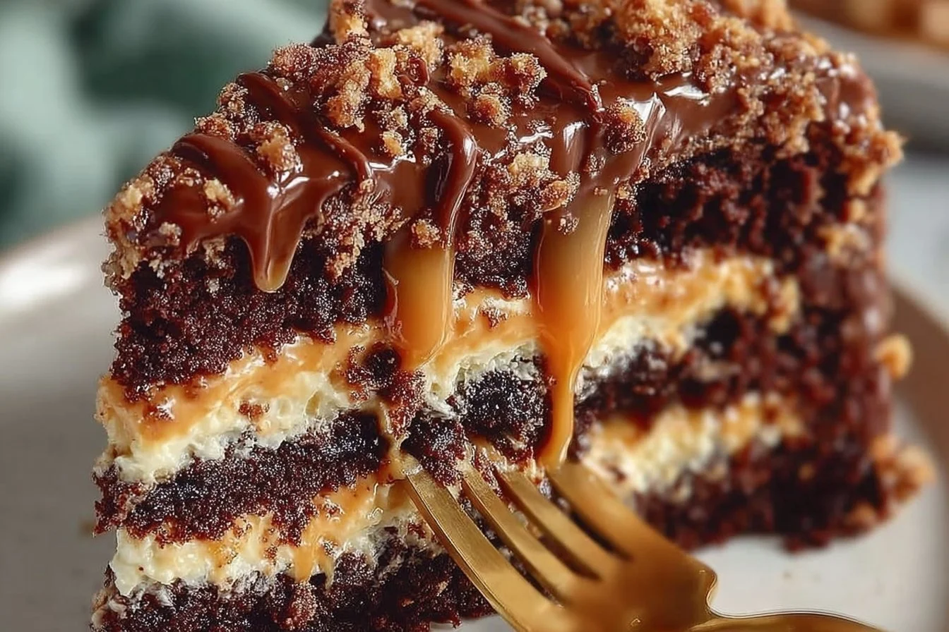 Delicious Chocolate Snickers Cake with layers of chocolate and peanuts