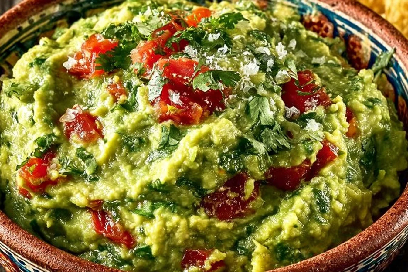 Bowl of fresh classic guacamole garnished with cilantro and lime