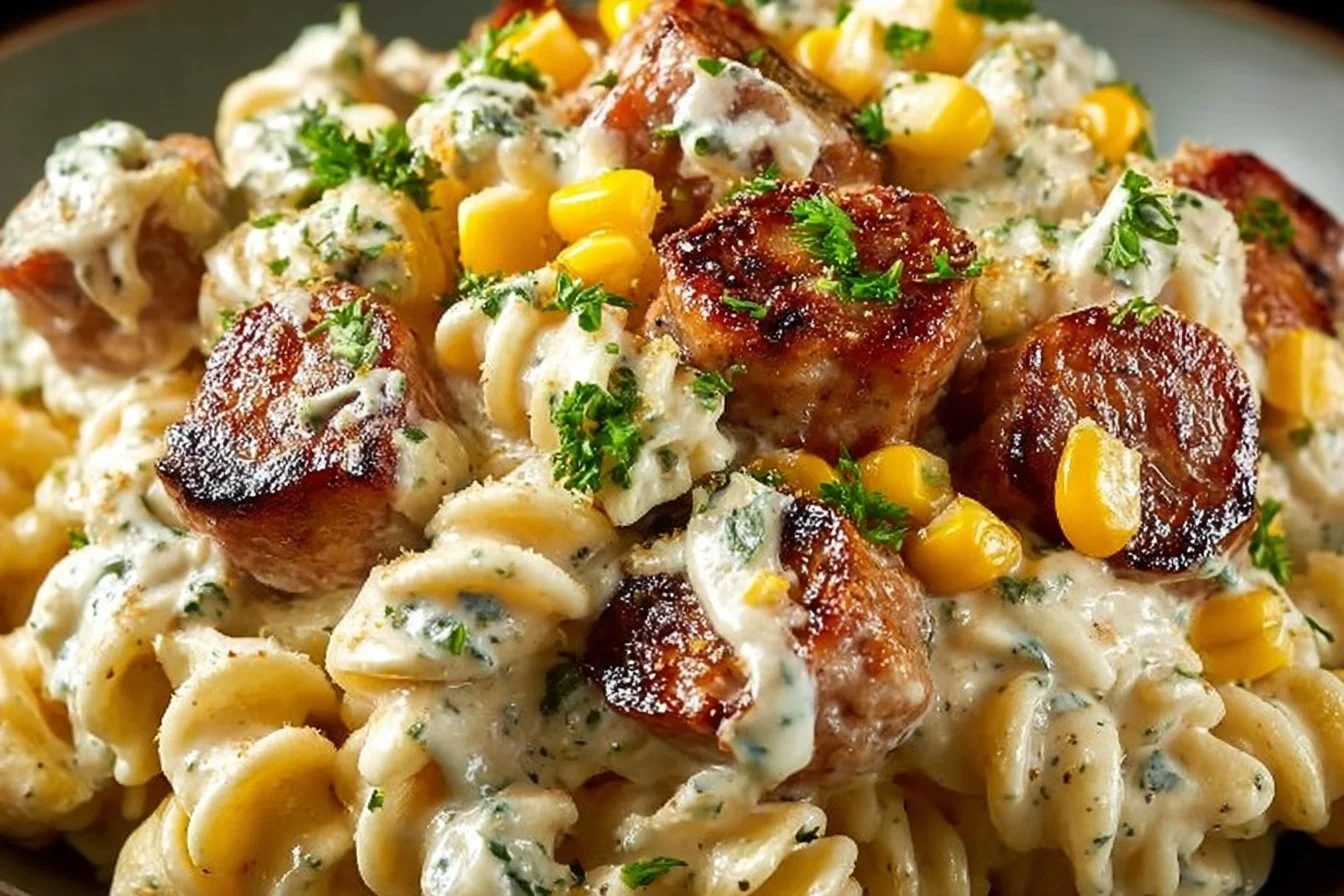 Cream cheese pasta with smoked sausage served in a bowl