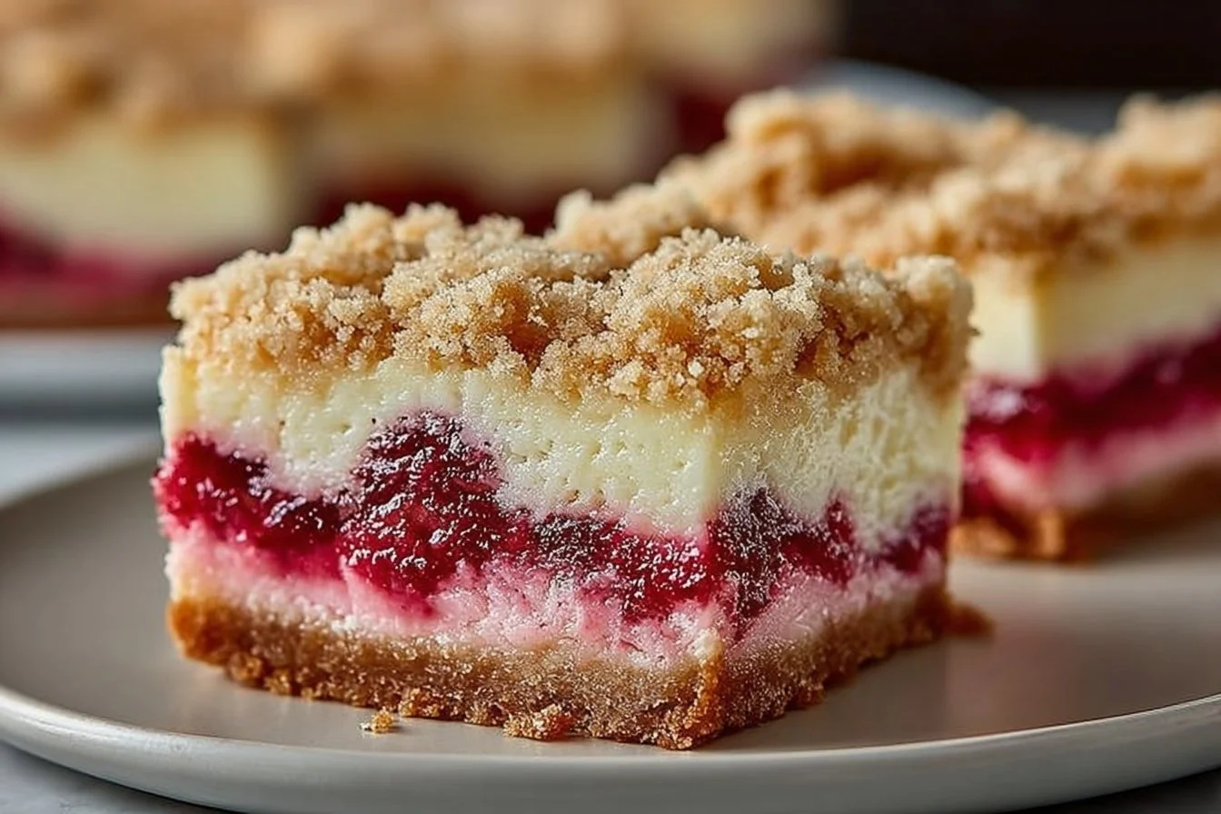 Delicious creamy rhubarb cream cheese bars served on a plate
