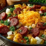 Delicious crockpot cheesy potato kielbasa meal with melted cheese and potato