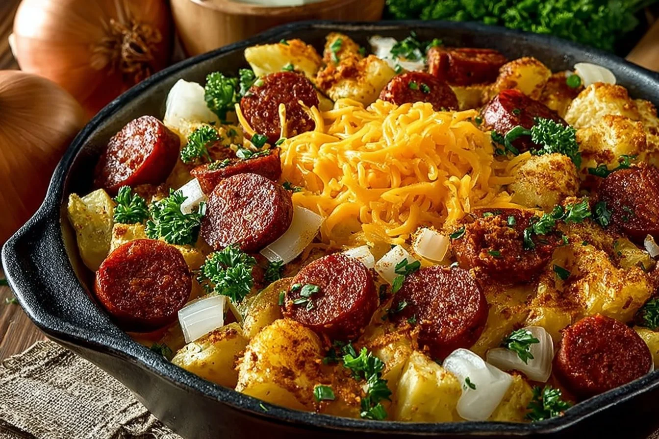 Delicious crockpot cheesy potato kielbasa meal with melted cheese and potato
