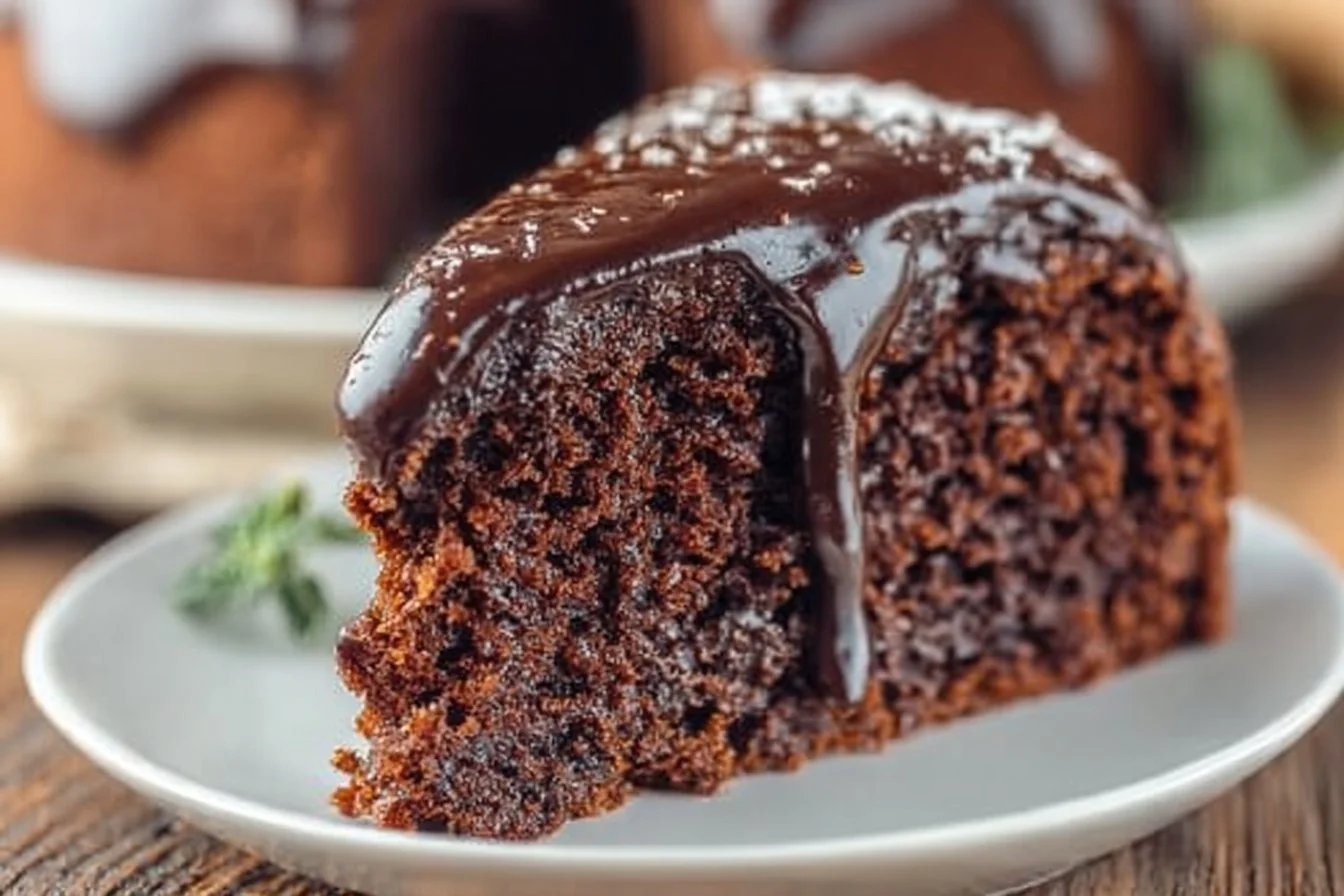Slice of easy chocolate cream cheese pound cake on a plate
