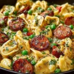 Easy one-pot creamy Kielbasa tortellini skillet dish with vegetables