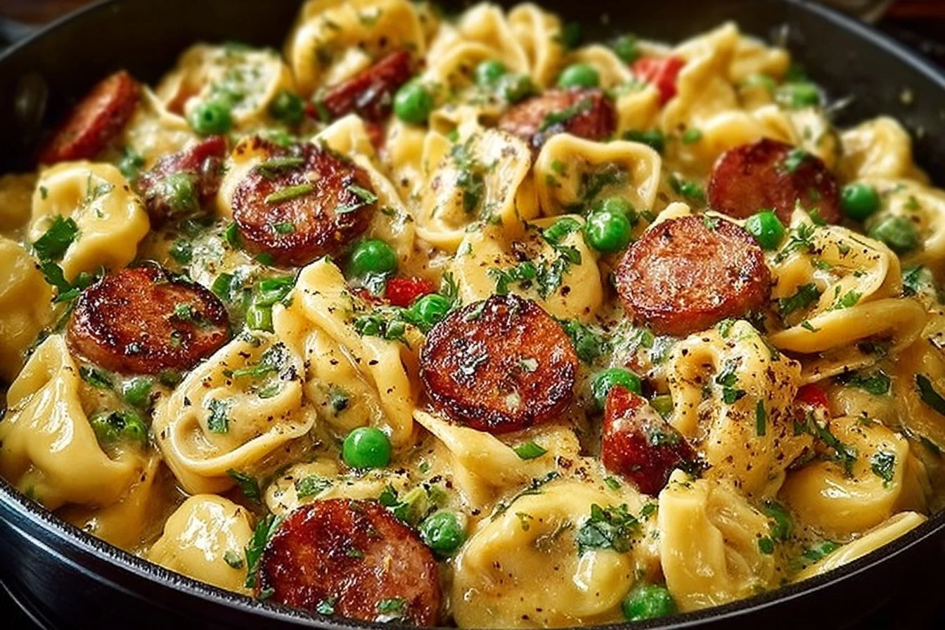 Easy one-pot creamy Kielbasa tortellini skillet dish with vegetables