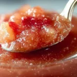 Bowl of homemade strawberry rhubarb applesauce topped with fresh strawberries