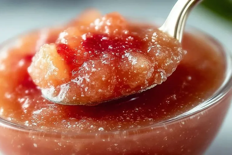 Bowl of homemade strawberry rhubarb applesauce topped with fresh strawberries
