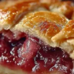 Slice of fresh rhubarb pie with flaky crust and vibrant filling