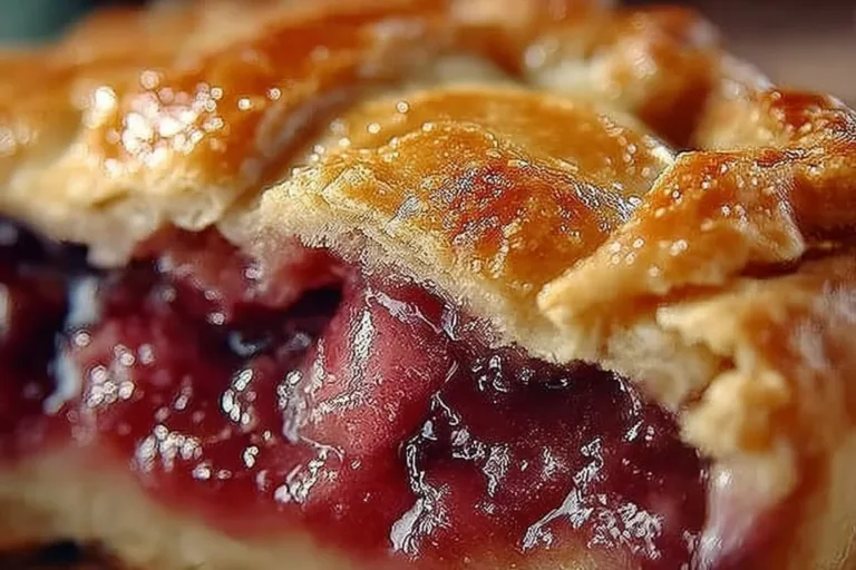 Slice of fresh rhubarb pie with flaky crust and vibrant filling