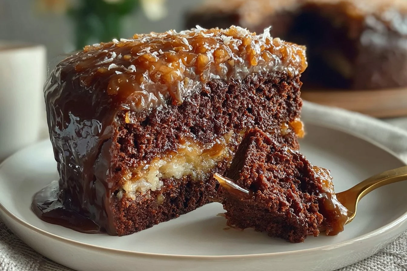 Delicious slice of German Chocolate Cake with rich chocolate and coconut frosting