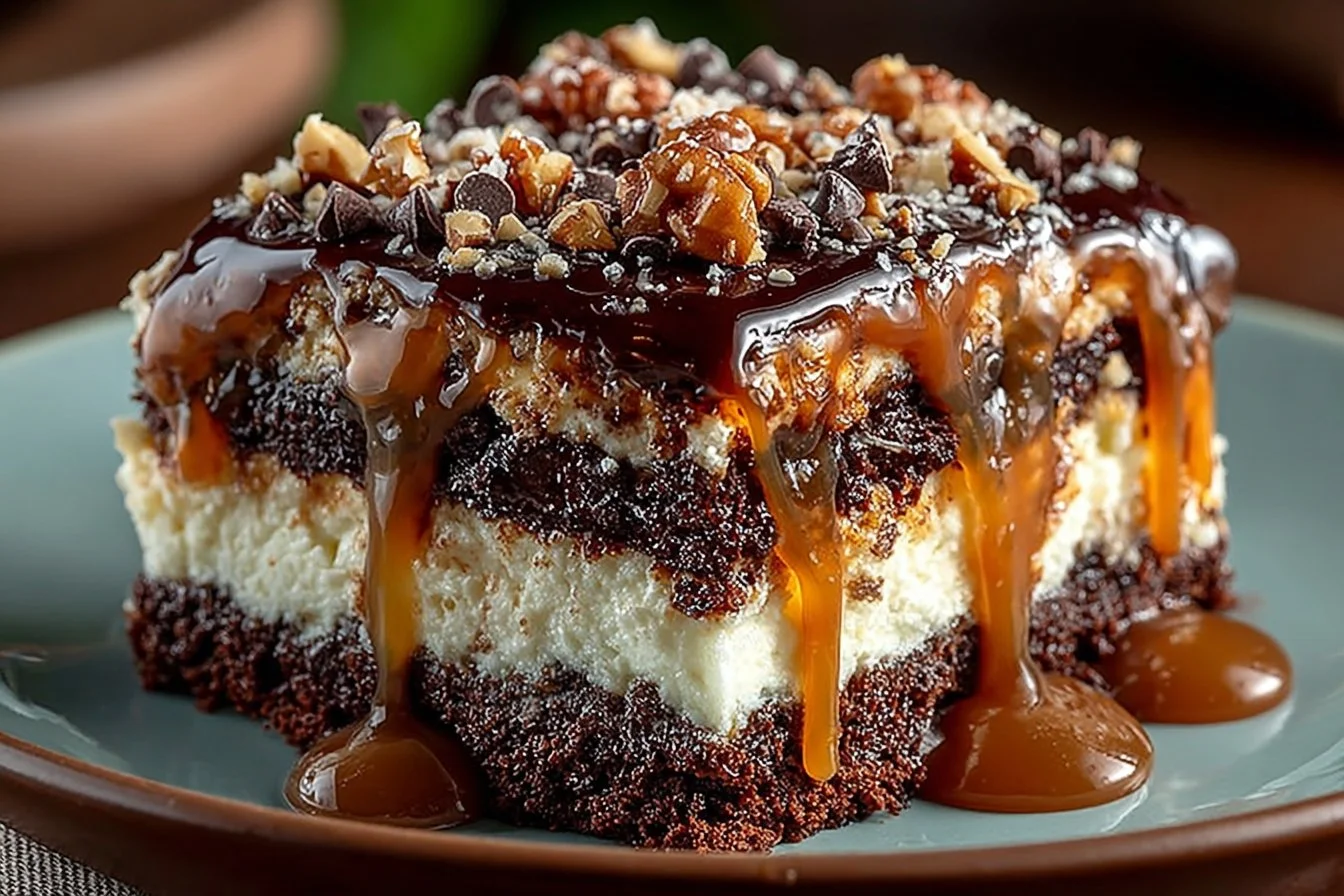 Slice of German Chocolate Poke Cake topped with coconut and pecan frosting
