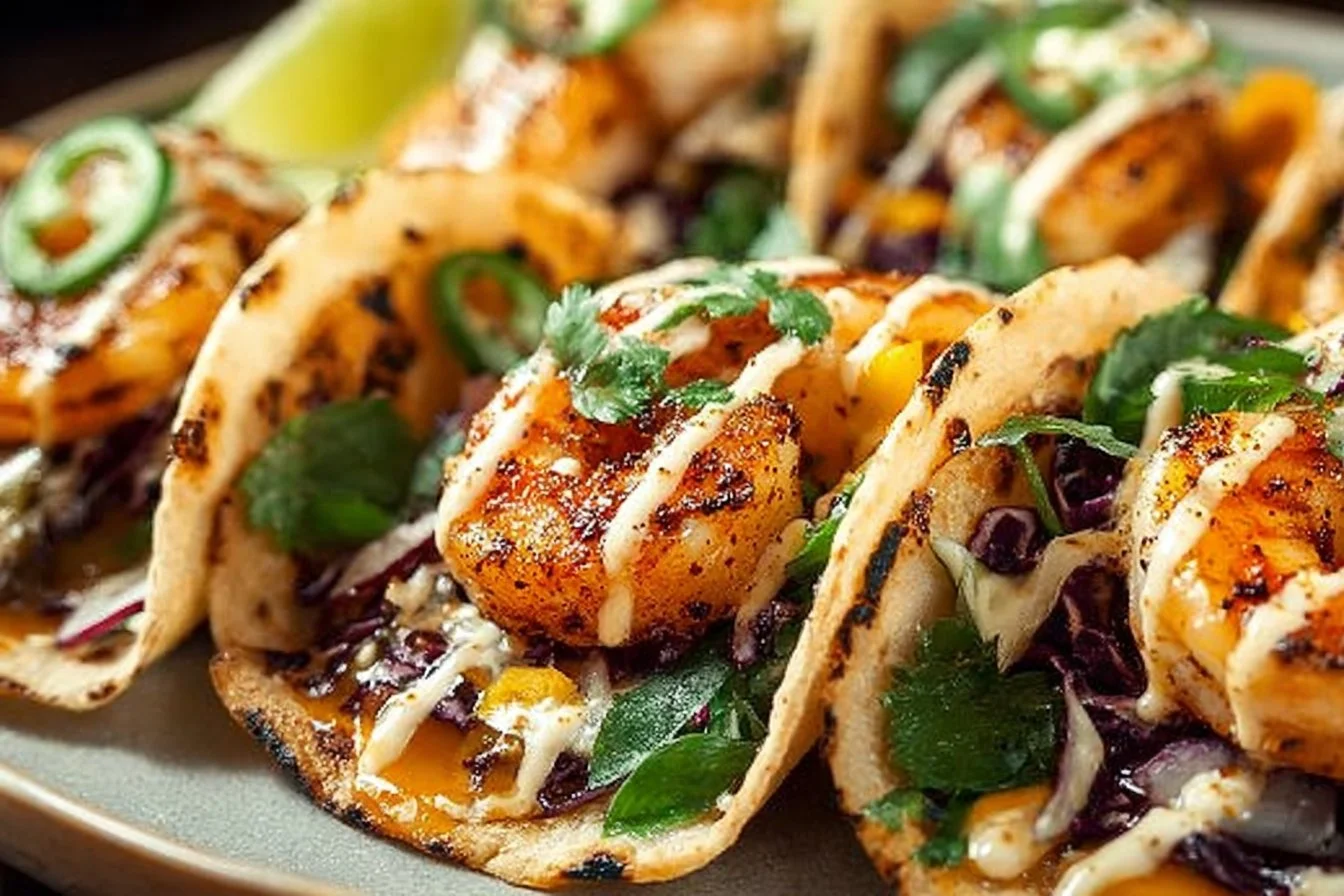 Healthy shrimp tacos served with fresh toppings and vibrant ingredients