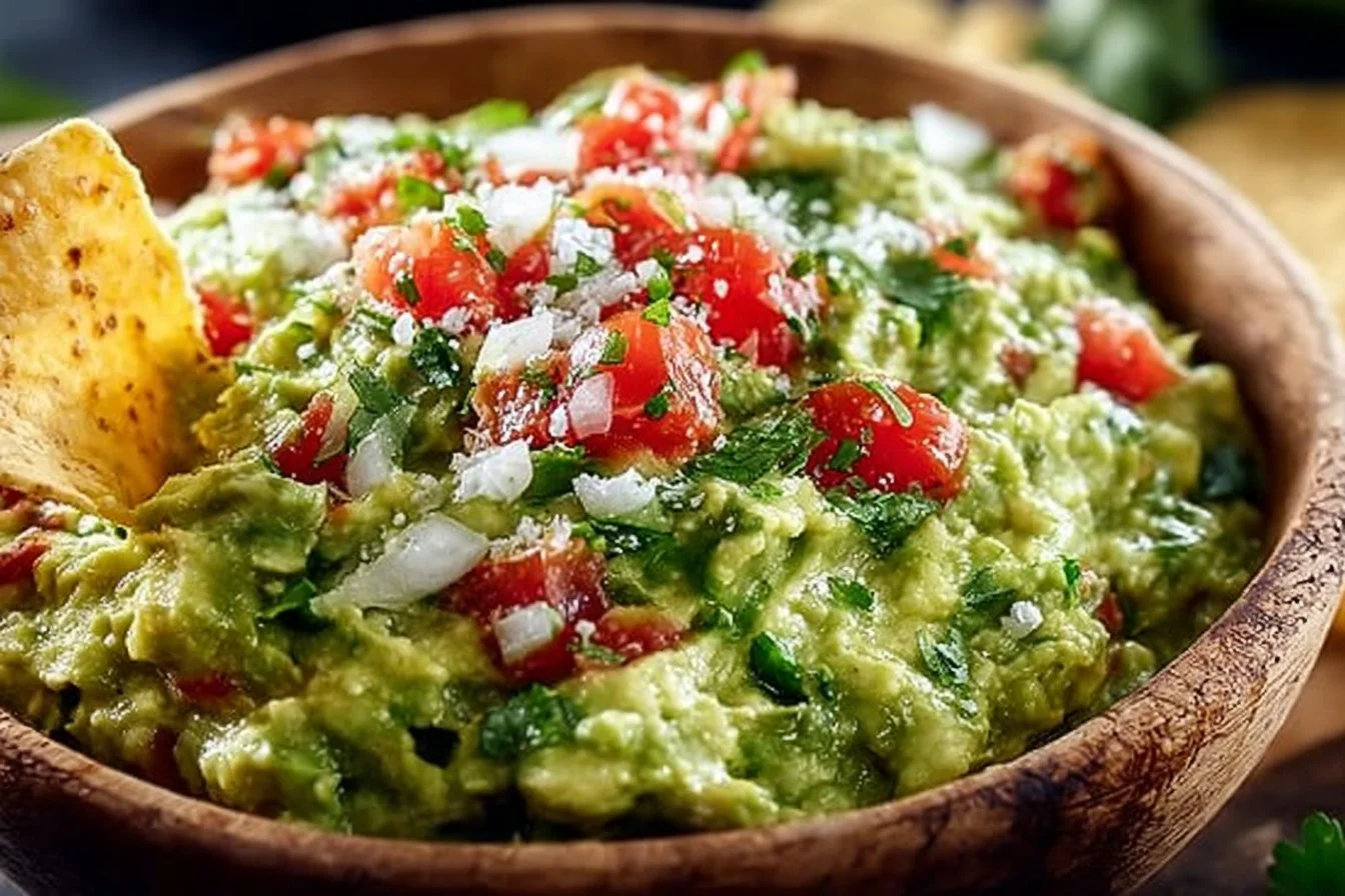 Bowl of fresh homemade guacamole with avocados, lime, and cilantro