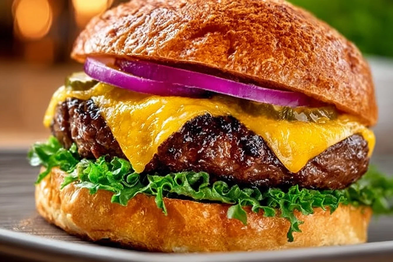 Delicious homemade juicy burger on a wooden plate with fresh toppings