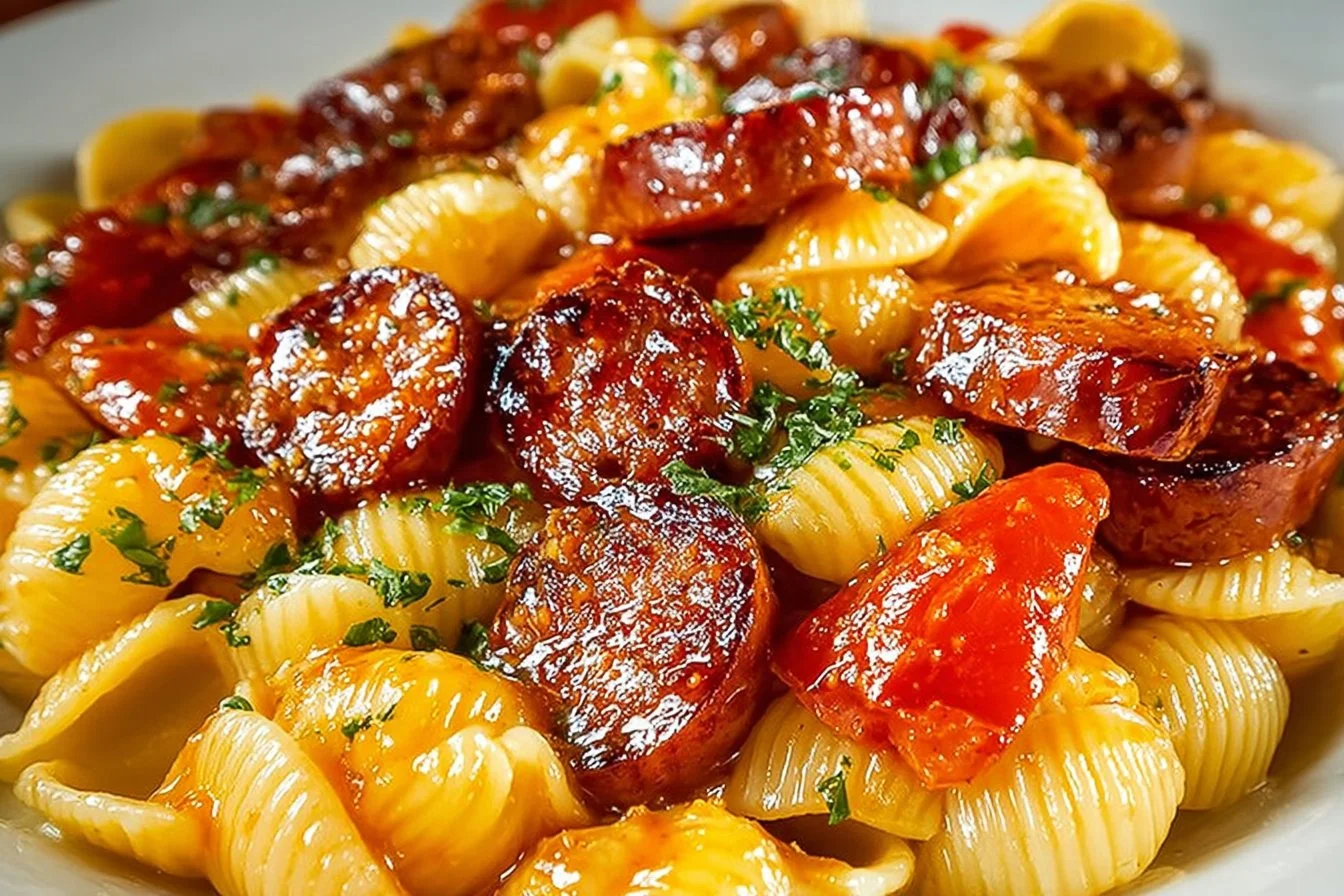 Plate of Honey BBQ Kielbasa Pasta garnished with herbs.