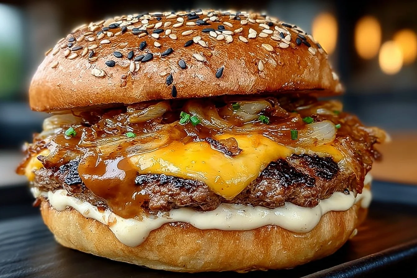 Delicious juicy smash burger served with toppings and grilled to perfection