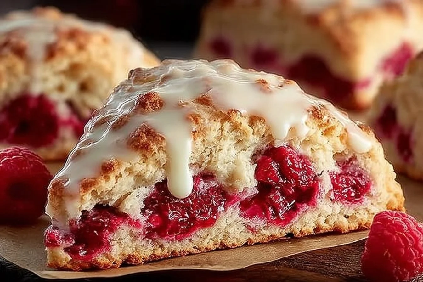 Freshly baked lemon raspberry scones on a plate garnished with raspberries.