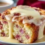 Slice of moist rhubarb cake drizzled with creamy butter sauce