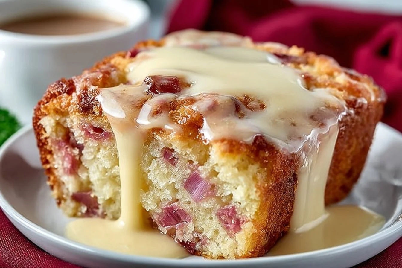 Slice of moist rhubarb cake drizzled with creamy butter sauce