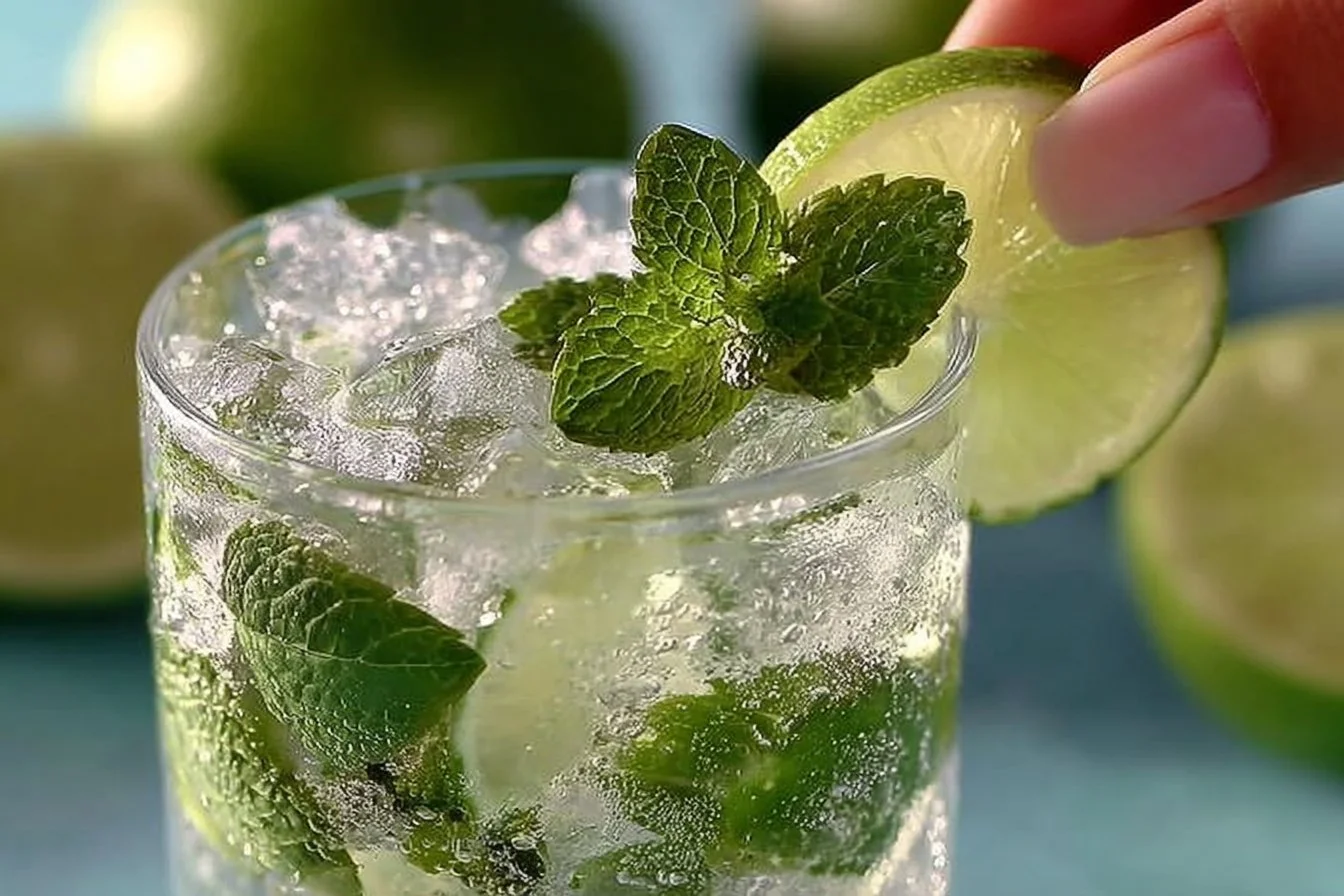 A refreshing Mojito cocktail garnished with mint leaves and lime slices.