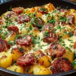 Delicious Kielbasa Gnocchi Skillet served in a frying pan with fresh ingredients.
