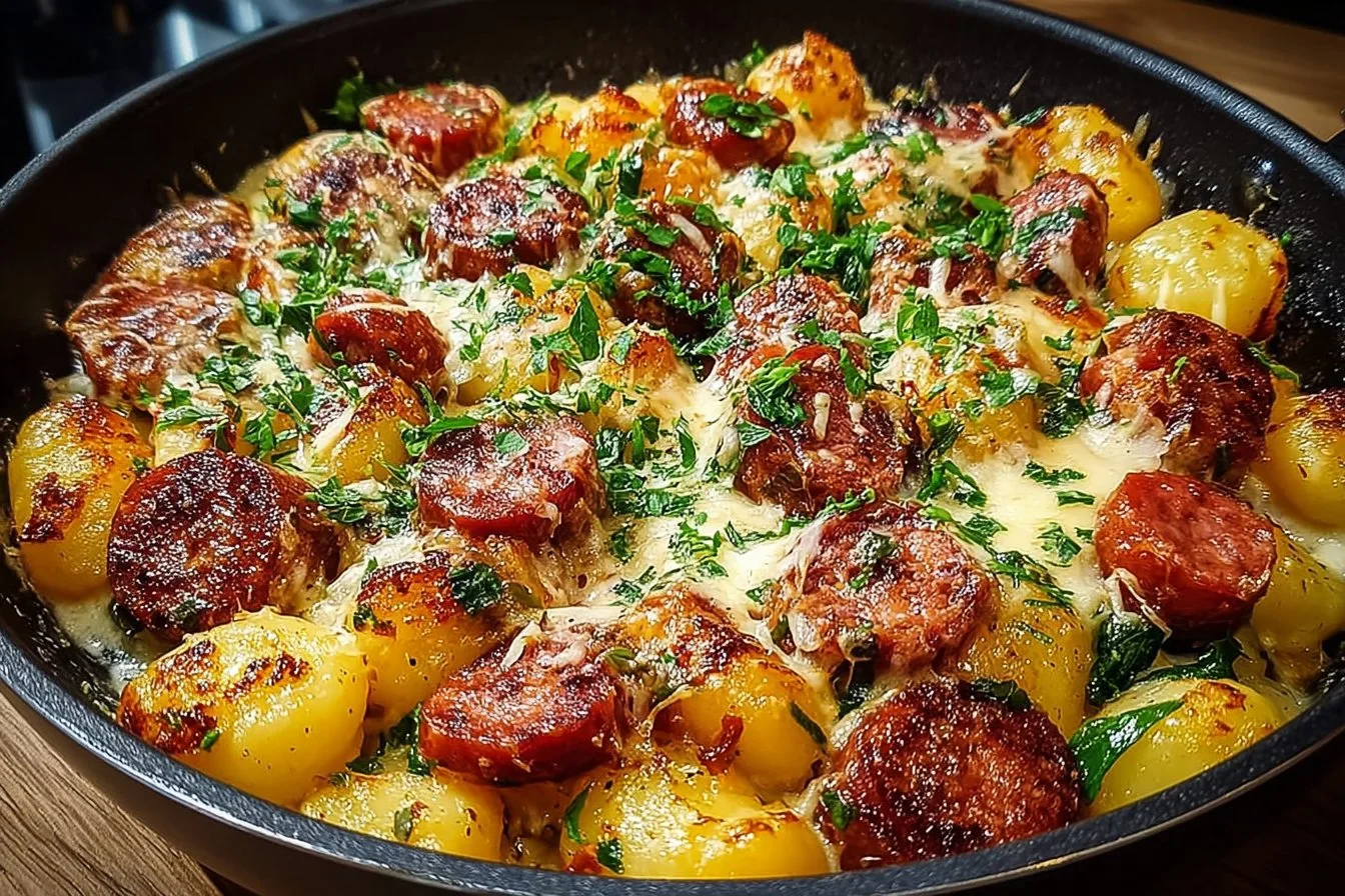 Delicious Kielbasa Gnocchi Skillet served in a frying pan with fresh ingredients.