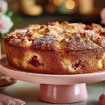 Slice of Old-Fashioned Norwegian rhubarb cake with fresh rhubarb on top