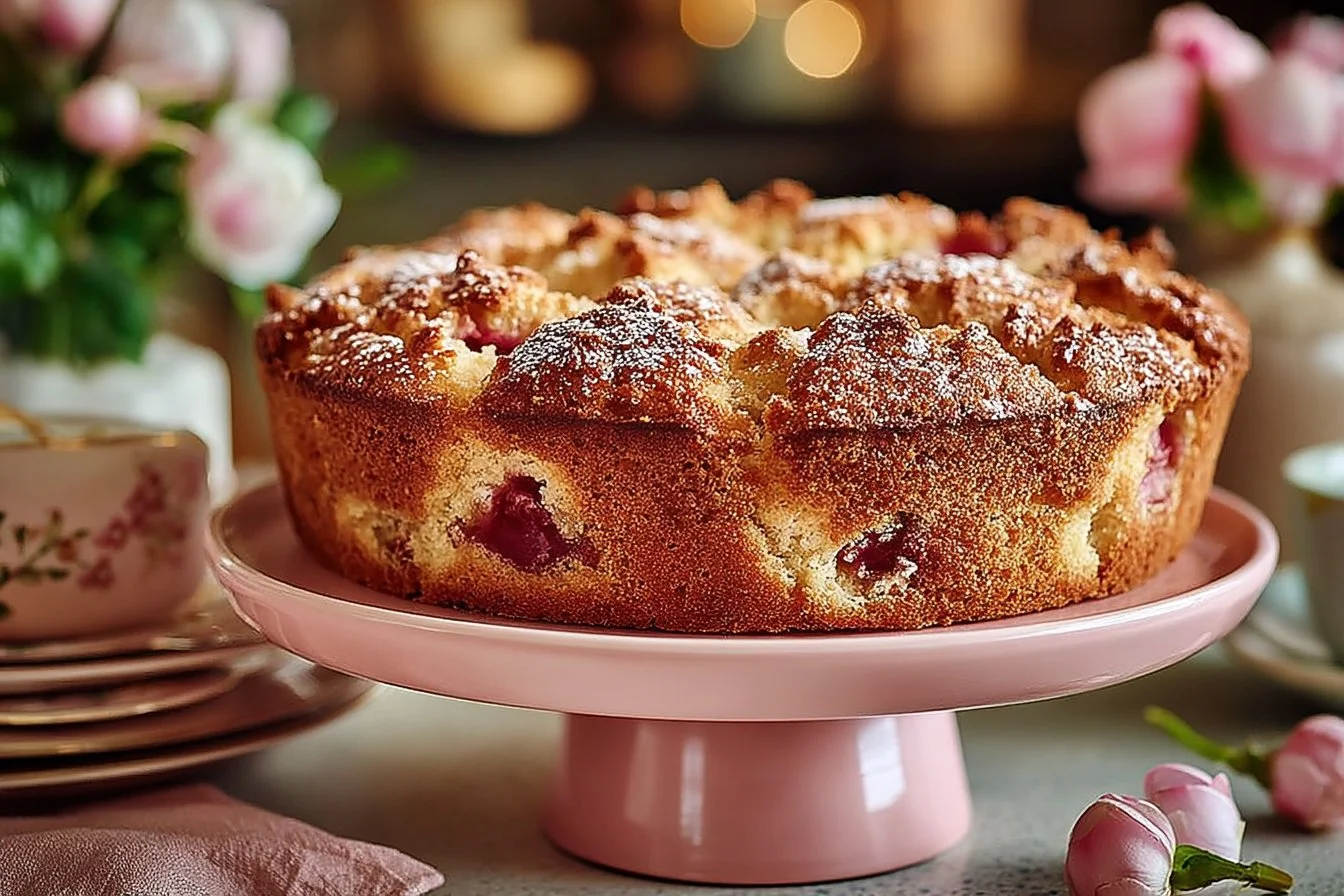 Slice of Old-Fashioned Norwegian rhubarb cake with fresh rhubarb on top