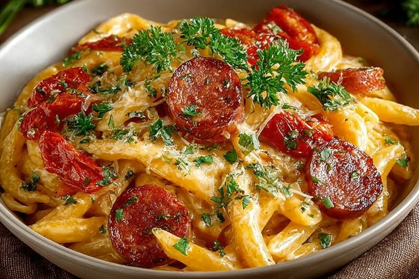 Delicious one pot kielbasa pasta dish served in a bowl