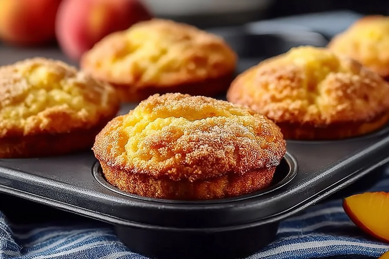 Delicious homemade peach cobbler muffins topped with fresh peach slices.