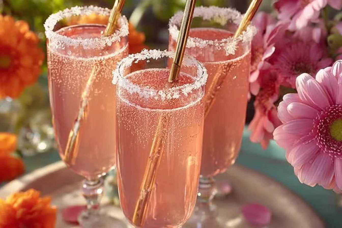 Pink Lemonade Champagne Margaritas in a glass with garnishes