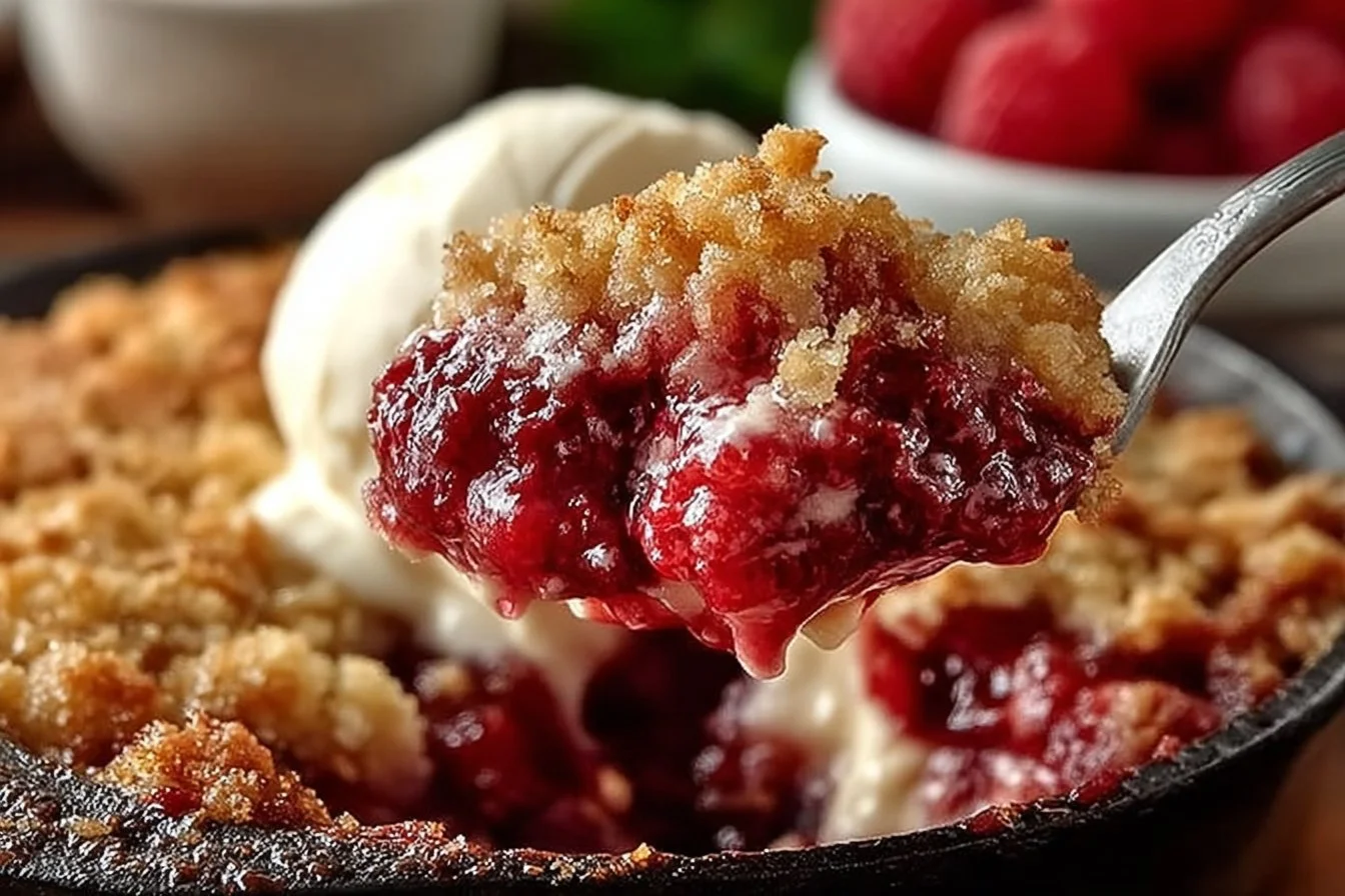 Delicious raspberry crumble dessert with berries and crispy topping