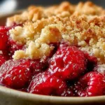 Delicious raspberry crumble dessert topped with crispy crumble, served in a dish